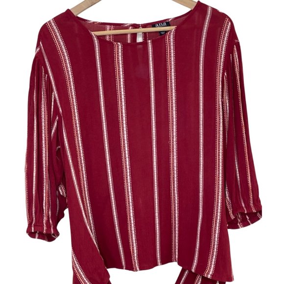 ANA | Red Striped 3/4 Elastic Sleeve Blouse with Waist Tie | Size M - Picture 3 of 10